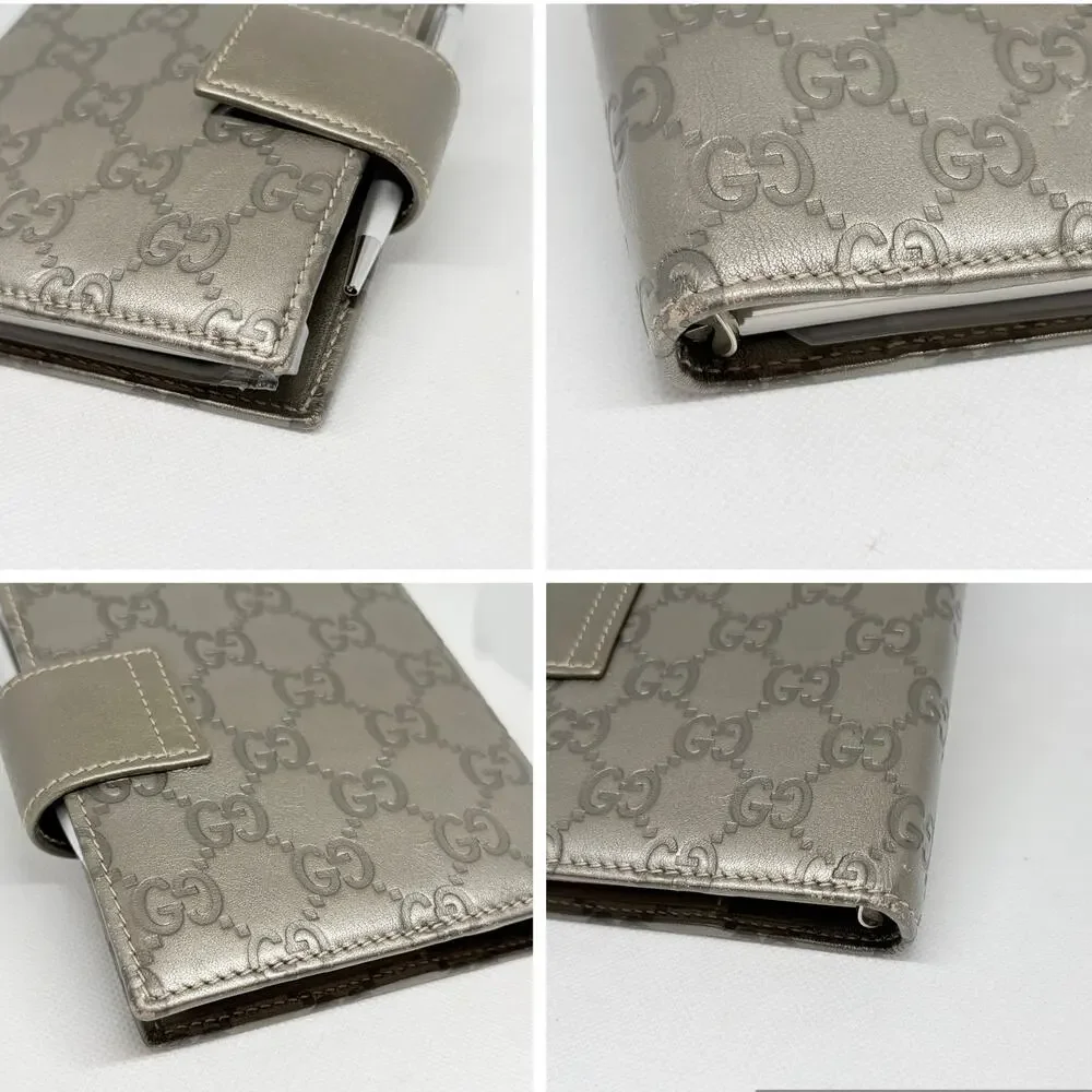 Gucci Guccissima Bronze Pewter Leather 6-Ring Agenda Planner w/ Pen & Pouch
